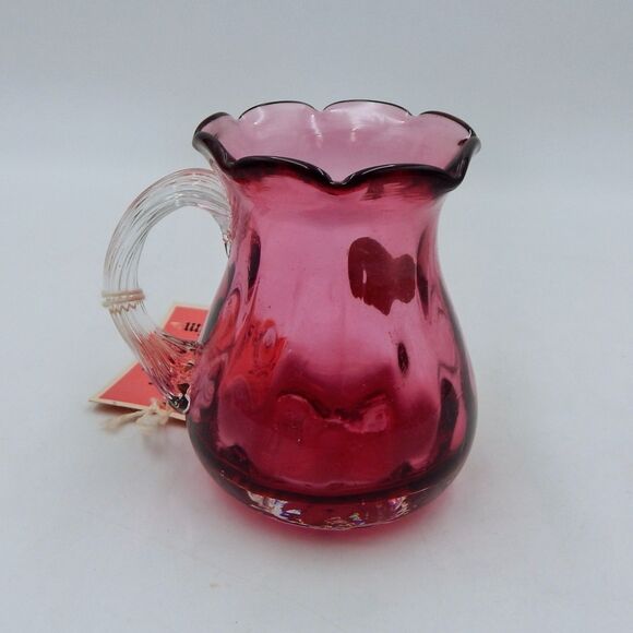 Pilgrim Glass Handblown Cranberry Vase Pitcher Applied Clear Handle 4 Inch Tags - Picture 5 of 13